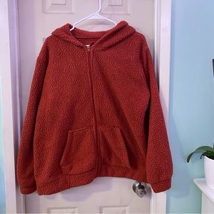 sherpa fleece furry fuzzy soft sweater zipper jacket burnt orange warm EUC